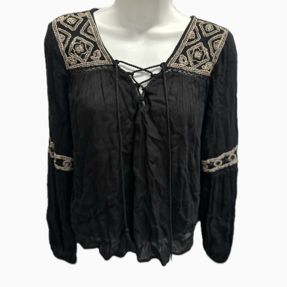 Embroidered Boho Style. Black Women's Top